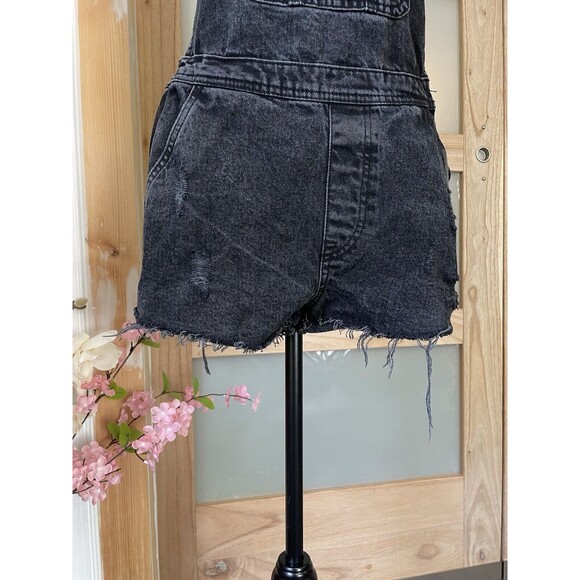 Denim Co Shortalls Short Overalls Size 6 Distressed Black Jean Raw Edge Cutoffs - Picture 3 of 11